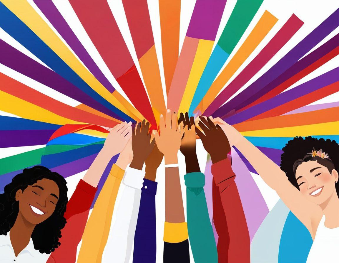 A vibrant celebration of lesbian culture, showcasing diverse women of all backgrounds holding hands in unity. In the backdrop, colorful flags and symbols of equality emanate warmth and inclusivity. Flowers bloom in rich colors, representing growth and empowerment within the LGBTQ+ community. The scene radiates joy and strength, inviting viewers to join the celebration. super-realistic. vibrant colors. white background.