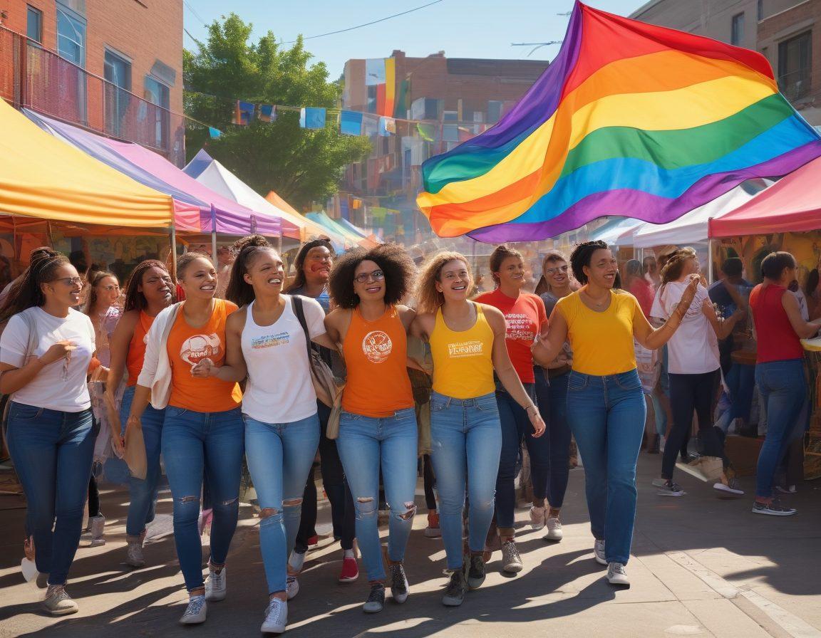 A vibrant scene depicting a diverse group of women at a lively outdoor lesbian event, celebrating empowerment with colorful banners and booths. Include elements like workshops, art displays, and people engaging in discussions, all under a bright sunny sky. Add symbols of inclusivity, such as rainbow flags and signs promoting unity. Capture the energy and joy of the event, emphasizing community and support. super-realistic. vibrant colors. 3D.