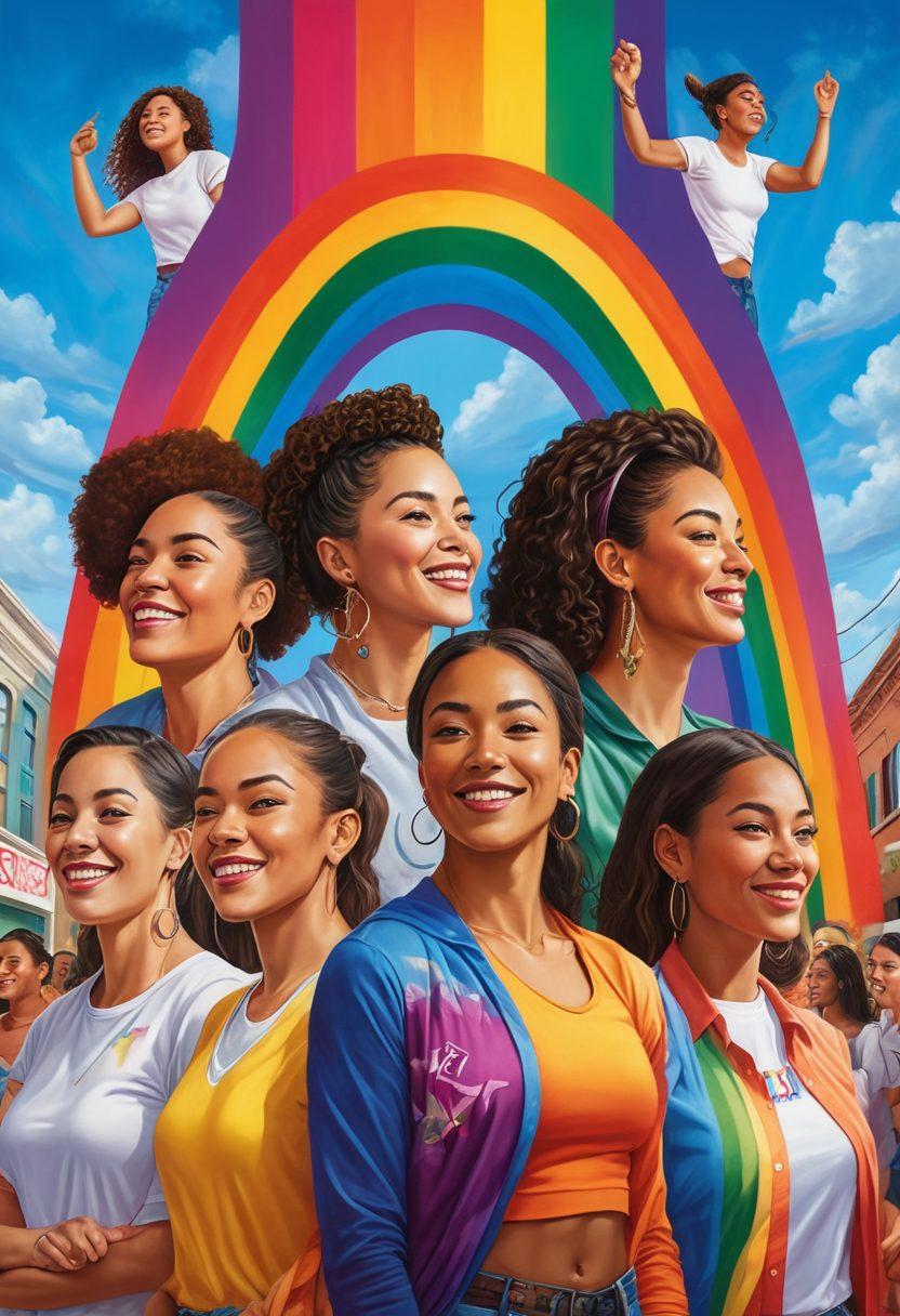A vibrant mural depicting diverse women of various ethnicities and identities, standing together in solidarity with LGBTQ+ symbols intertwined. They are celebrating with colorful banners that promote equality and empowerment. The background features a rainbow spectrum, symbolizing unity and pride. The atmosphere is joyful, reflecting community spirit and activism. super-realistic. vibrant colors.